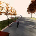 Brown Metal Frame Landscape Seats Along Gray Stone Path With Autumn Orange Trees And Lawn
