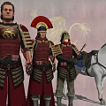 Game Movie Characters in Red Armor Standing With Two White Horses Against Golden Lion Background