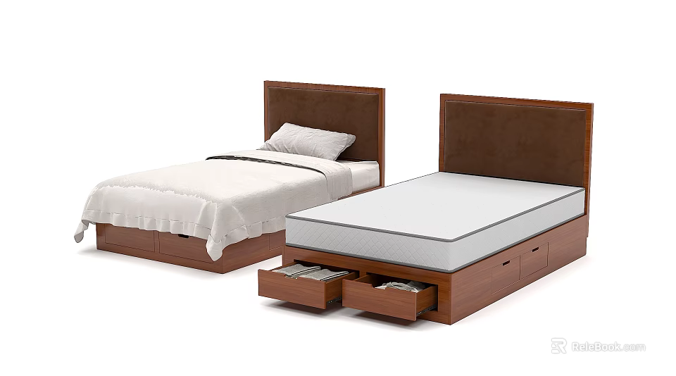Double Bed With Wooden Frame Brown Upholstered Headboard Storage Drawers Mattress Bed Sheet And Pillow 3d model 