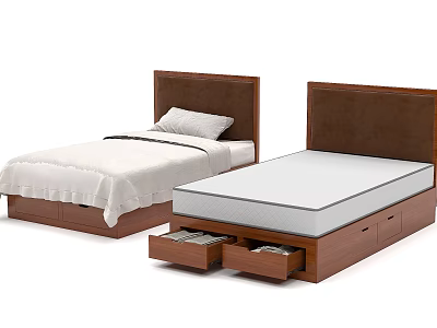 Double Bed With Wooden Frame Brown Upholstered Headboard Storage Drawers Mattress Bed Sheet And Pillow 3d model