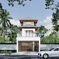 Two Story Detached Villa with Pagoda Style Roof Glass Doors Garage Door and Palm Trees