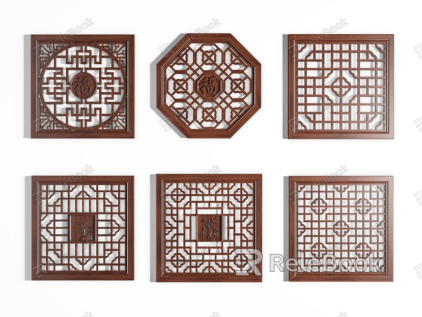 Chinese-style hollow-out lattice square carved solid wood window flower hollow partition screen lattice window model