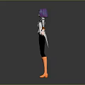 Game Movie Character With Purple Short Hair Black White Top Orange Cuffs Boots Standing Pose
