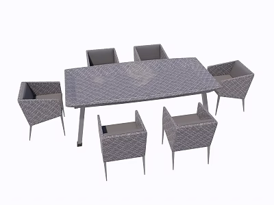 Gray Rectangular Table With Six Woven Design Chairs Modern Furniture Set 3d model