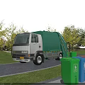 Green Garbage Utility Vehicle with Different Colored Recycling Bins in Outdoor Setting with Trees and Grass