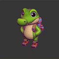 Green Cartoon Crocodile Standing with Colorful Backpack Wearing Orange and Purple Shoes on Gray Background