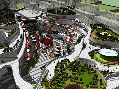 Modern Commercial Complex Featuring Landscaped Green Areas Curved Walkways And Recreational Zones 3d model