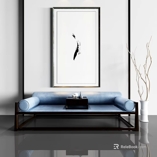 Traditional Chinese Arhat Daybed In Living Room With Blue Cushions Tea Table And Ink Painting 3d model 