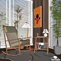 Cozy Rocking Chair With Wooden Frame Green Cushion Side Table Lamp And Plants Near Blinds
