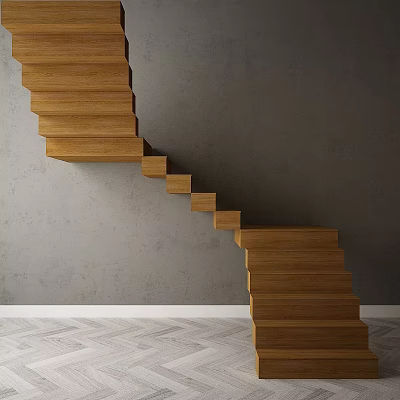 Modern Wooden Staircase Design With Gray Wall And Herringbone Wooden Floor 3d model