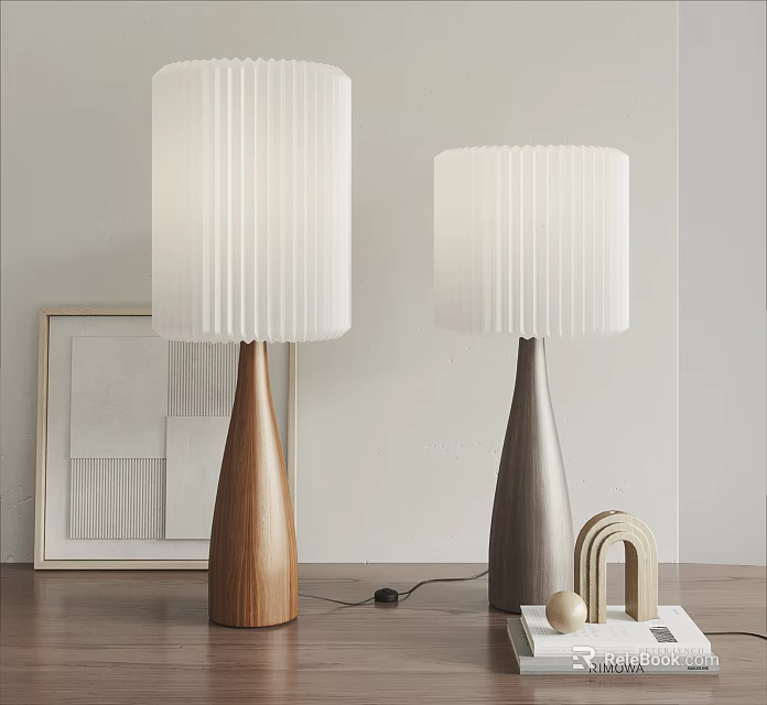 Modern Table Lamps White Pleated Shades Wooden Gray Bases on Wooden Tabletop with Small Arch Decor 3d model 