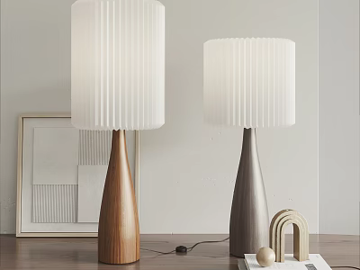 Modern Table Lamps White Pleated Shades Wooden Gray Bases on Wooden Tabletop with Small Arch Decor 3d model
