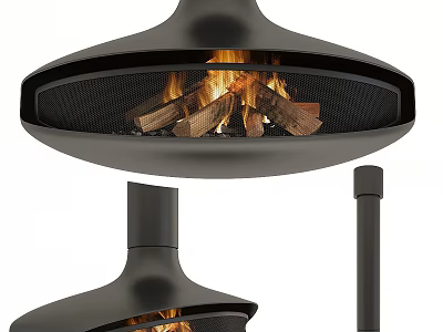 Contemporary Suspended Fireplace With Burning Wood Logs And Black Metal Structure 3d model