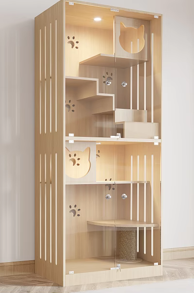 Wooden Multi Tiered Garden Decor Shelf With Cat Paw And Cat Face Cutout Designs 3d model