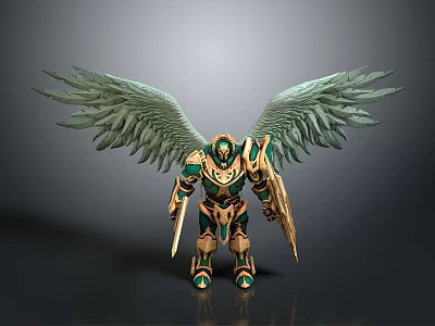 Mythical Armored Warrior With Large Green Wings And Gold Armor Holding Sword And Shield 3d model