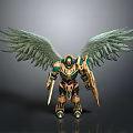 Mythical Armored Warrior With Large Green Wings And Gold Armor Holding Sword And Shield
