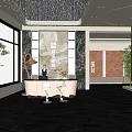 Hotel Lobby Interior With Modern Design Reception Desk Chandelier Large Windows And Green Plants