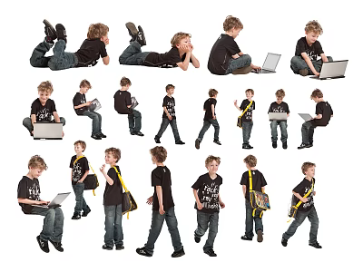 Group of Kids in Various Poses Using Laptops with Black Shirts and Blue Jeans 3d model
