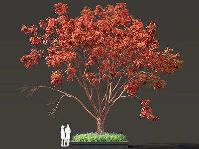 Red Foliage Arbor with Two People Standing Near Plant Bed and Green Plants 3d model