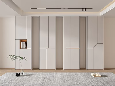 Modern Minimalist Interior With White Storage Cabinet Wooden Floor And Green Plant 3d model