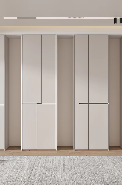 Modern Minimalist Interior With White Storage Cabinet Wooden Floor And Green Plant 3d model