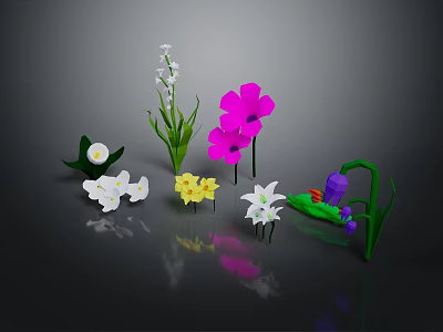 Cartoon Floral Scene With Colorful Flowers Including White Pink Yellow And Purple Blooms 3d model