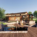 Wooden Pergola Structure In Natural Landscape With Trees Greenery And Water Features