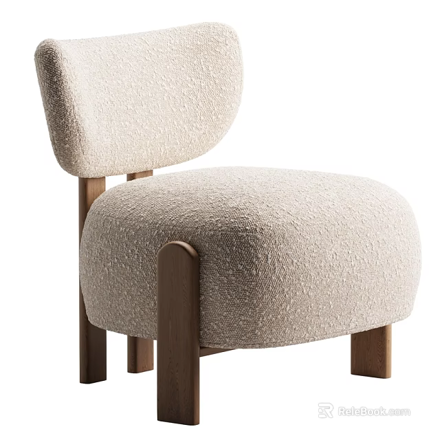 Beige Textured Fabric Leisure Chair With Wooden Legs Modern Minimalist Design 3d model 
