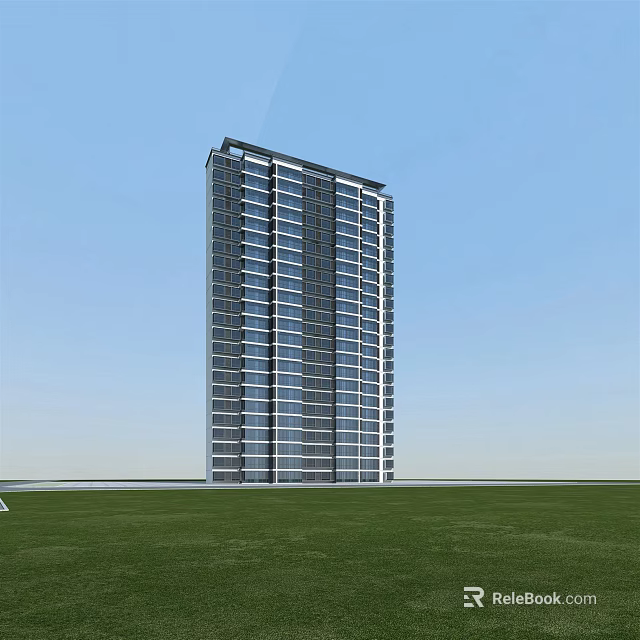 Modern Tall Residential Building With Glass Windows And Green Lawn Under Blue Sky 3d model 