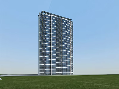Modern Tall Residential Building With Glass Windows And Green Lawn Under Blue Sky 3d model