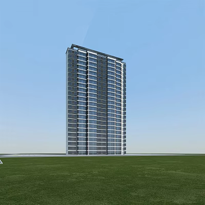 Modern Tall Residential Building With Glass Windows And Green Lawn Under Blue Sky 3d model