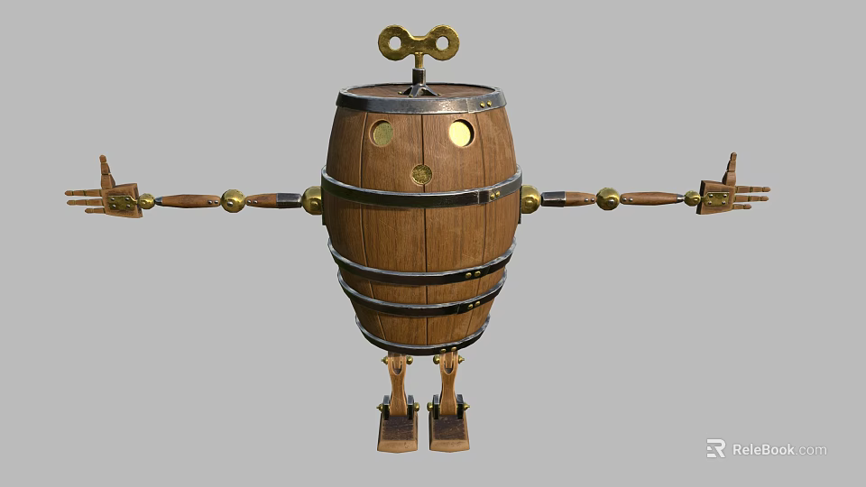 Wooden Barrel Robot Figure With Round Eyes Outstretched Arms And Brass Accents 3d model 