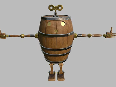 Wooden Barrel Robot Figure With Round Eyes Outstretched Arms And Brass Accents 3d model