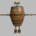 Wooden Barrel Robot Figure With Round Eyes Outstretched Arms And Brass Accents