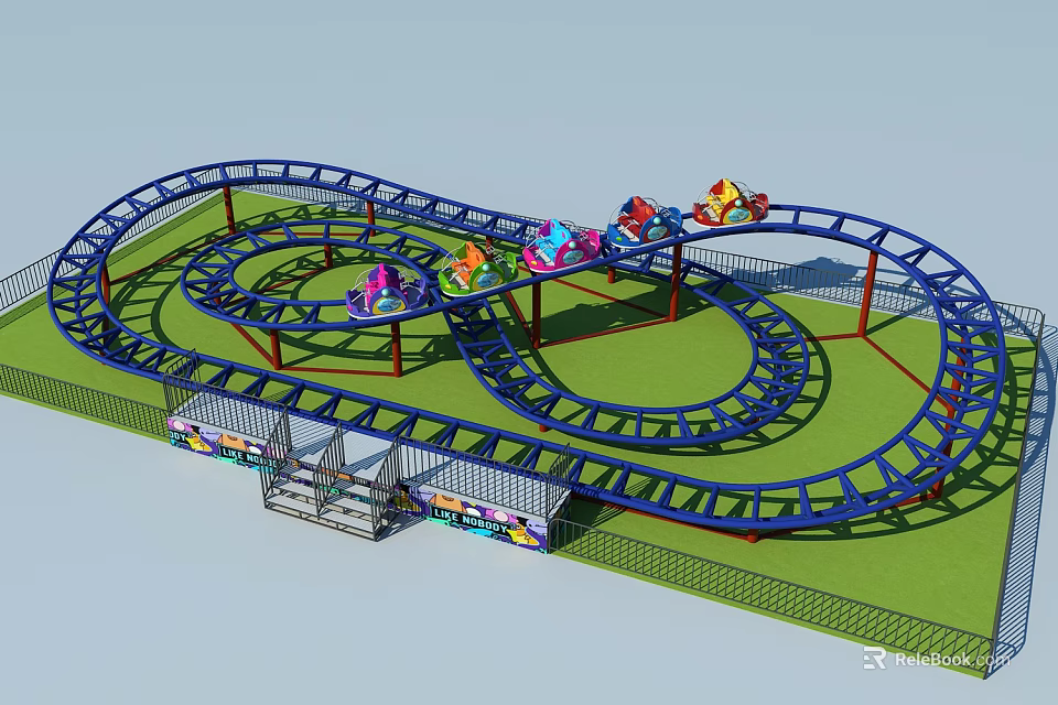 Spiral Amusement Roller Coaster with Blue Track and Colorful Cars on Green Lawn 3d model 