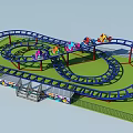 Spiral Amusement Roller Coaster with Blue Track and Colorful Cars on Green Lawn
