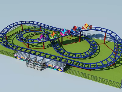 Spiral Amusement Roller Coaster with Blue Track and Colorful Cars on Green Lawn 3d model