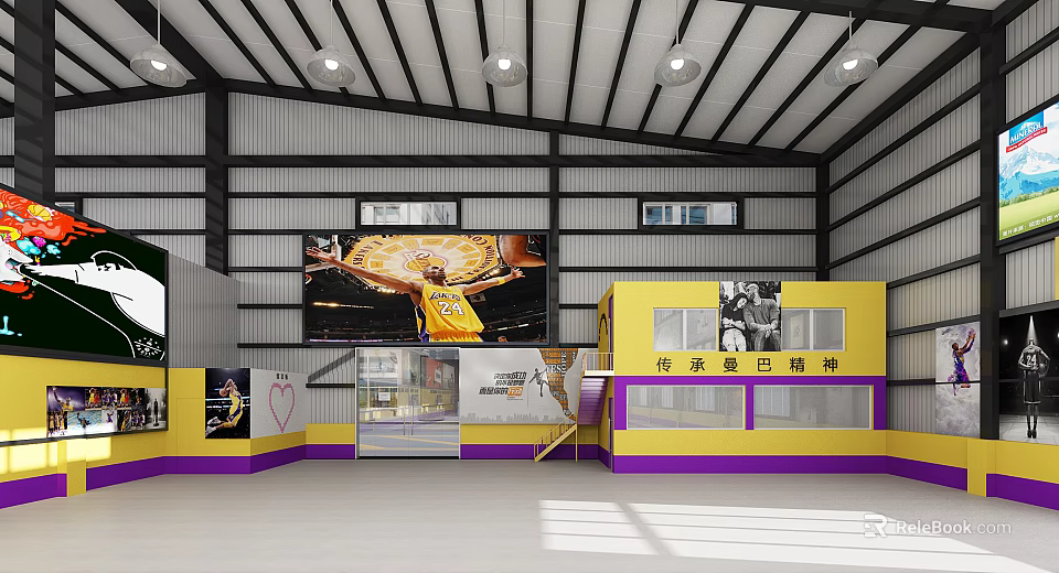 Basketball Gym Interior With Large Screen Basketball Game Yellow Purple Decor And Wall Posters 3d model 