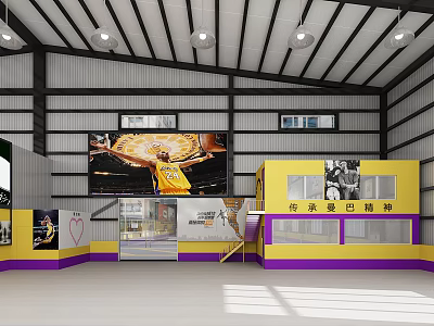 Basketball Gym Interior With Large Screen Basketball Game Yellow Purple Decor And Wall Posters 3d model
