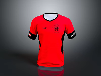 Red Sports Shirt With Black Accents And Logos On Sleeves And Chest 3d model