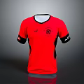 Red Sports Shirt With Black Accents And Logos On Sleeves And Chest