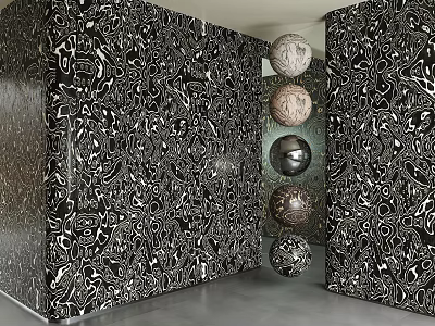 Walls With Black And White Abstract Patterns And Spherical Decorations 3d model