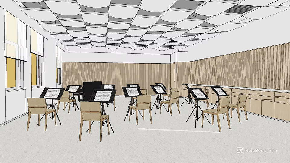 School Music Classroom With Music Stands Sheet Music Chairs And Grid Patterned Ceiling 3d model 