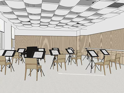 School Music Classroom With Music Stands Sheet Music Chairs And Grid Patterned Ceiling 3d model