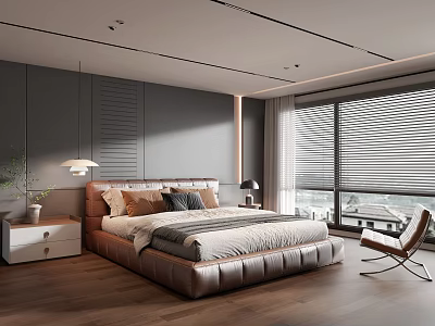 Modern Bedroom Interior With Leather Bed Wooden Floor Gray Walls And Window Blinds 3d model