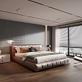 Modern Bedroom Interior With Leather Bed Wooden Floor Gray Walls And Window Blinds