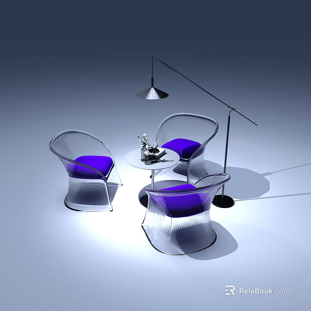 Transparent Frame Purple Cushion Chairs Round Table Set With Small Vase Floor Lamp Gray Background 3d model 