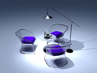 Transparent Frame Purple Cushion Chairs Round Table Set With Small Vase Floor Lamp Gray Background 3d model