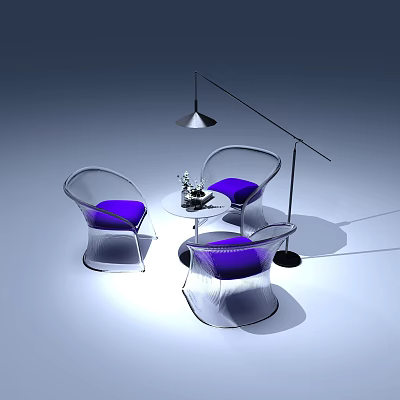 Transparent Frame Purple Cushion Chairs Round Table Set With Small Vase Floor Lamp Gray Background 3d model