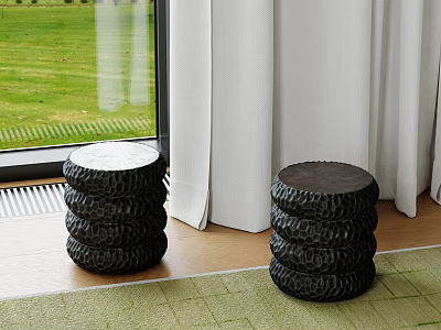 Stacked Design Black Side Tables in Room with White Curtains Wooden Floor and Green Carpet 3d model